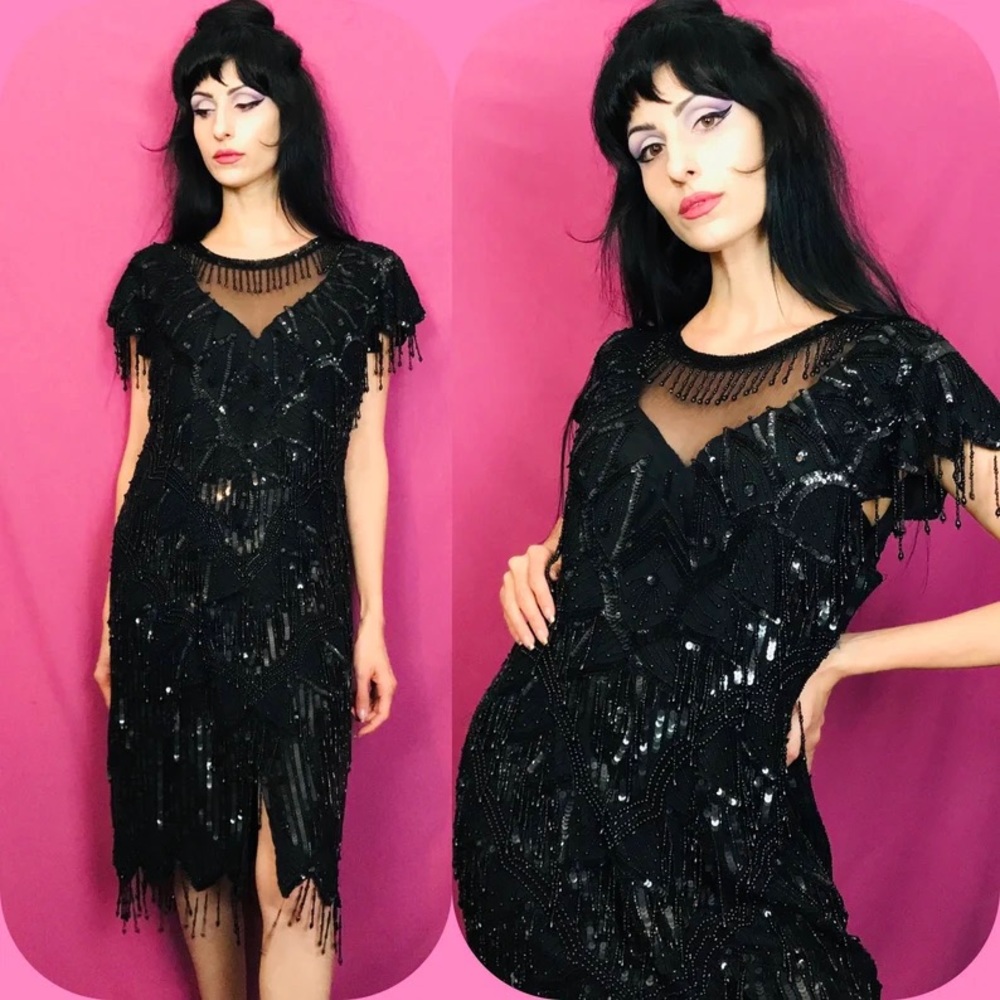 Vintage 80s Black Silk Beaded Sequin Dress by Laurence Kazar - size Large